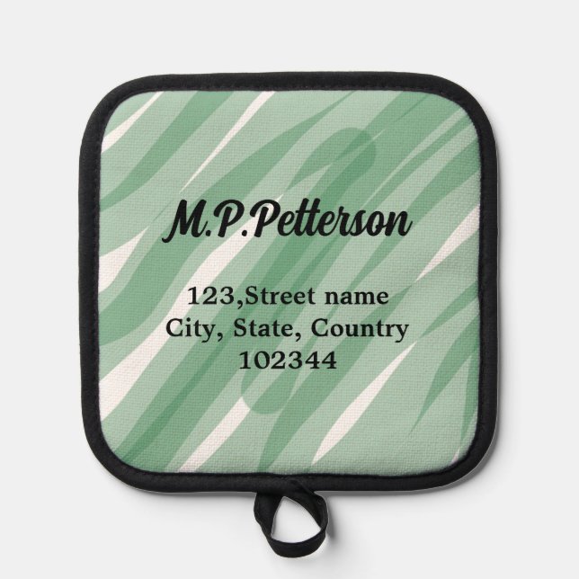 Sage green leafy add name address text pattern boh pot holder (Front)
