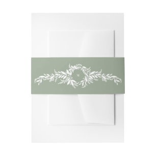 sage green leafy botanical wreath monogram wedding invitation belly band