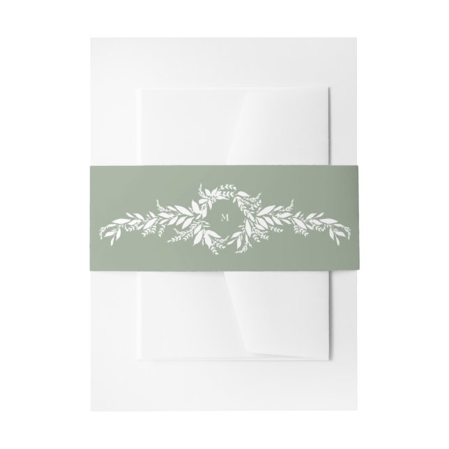 sage green leafy botanical wreath monogram wedding invitation belly band (Front Example)