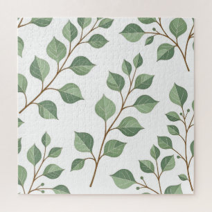 Sage Green Leafy Branches Botanical Watercolor  Jigsaw Puzzle