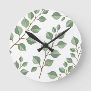 Sage Green Leafy Branches Botanical Watercolor  Round Clock