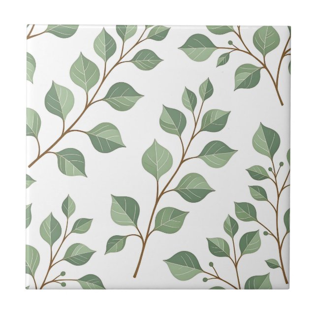 Sage Green Leafy Branches Botanical Watercolor  Tile (Front)