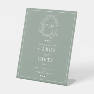 Sage Green Leafy Crest Monogram Card & Gifts Pedestal Sign