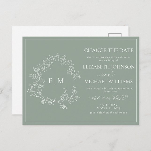 Sage Green Leafy Crest Monogram Change The Date In Invitation Postcard (Front/Back)