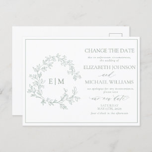 Sage Green Leafy Crest Monogram Change The Date Invitation Postcard