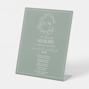 Sage Green Leafy Crest Monogram In Loving memory Pedestal Sign