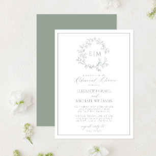 Sage Green Leafy Crest Monogram Rehearsal Dinner Invitation
