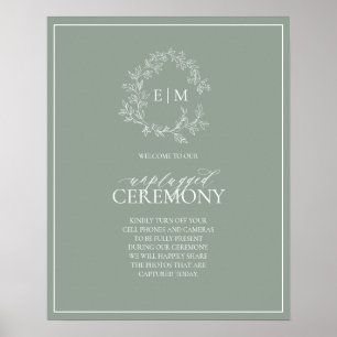 Sage Green Leafy Crest Monogram Unplugged Wedding  Poster