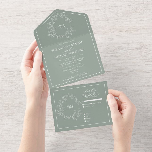 Sage Green Leafy Crest Monogram Wedding All In One All In One Invitation (Tearaway)