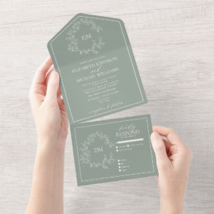 Sage Green Leafy Crest Monogram Wedding All In One Invitation