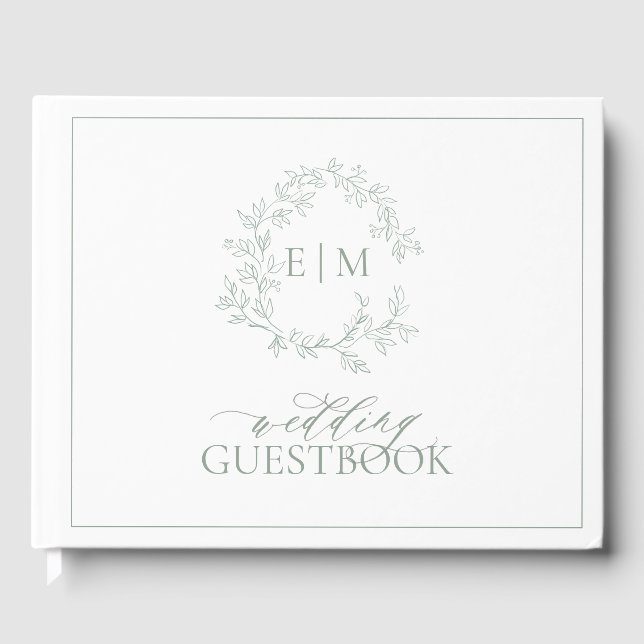 Sage Green Leafy Crest Monogram Wedding Guest Book (Front)