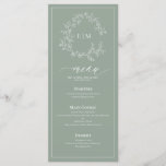 Sage Green Leafy Crest Monogram Wedding Menu<br><div class="desc">Create the perfect reception setting! We're loving this trendy, modern sage green 4"x 9" wedding menu! Simple, elegant, and oh-so-pretty, it features a hand drawn leafy wreath encircling a modern wedding monogram. It is personalised in elegant typography, and accented with hand-lettered calligraphy. Finally, it is trimmed in a delicate frame....</div>