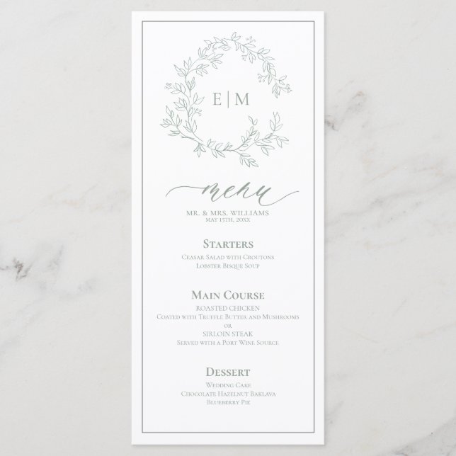 Sage Green Leafy Crest Monogram Wedding Menu (Front)