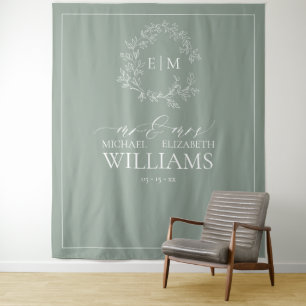 Sage Green Leafy Crest Monogram Wedding Photo Tape Tapestry
