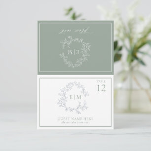Sage Green Leafy Crest Monogram Wedding Place Card