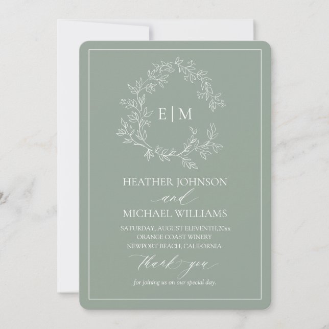 Sage Green Leafy Crest Monogram Wedding Program Invitation (Front)