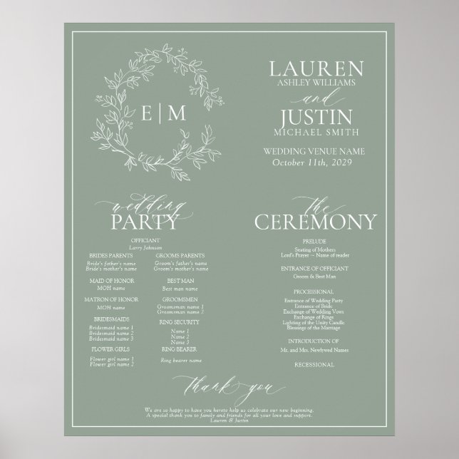 Sage Green Leafy Crest Monogram Wedding Program Poster (Front)