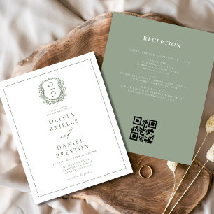 Sage Green Leafy Crest Monogram Wedding QR Code