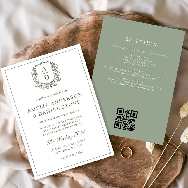 Sage Green Leafy Crest Monogram Wedding QR Code Invitation (Creator Uploaded)