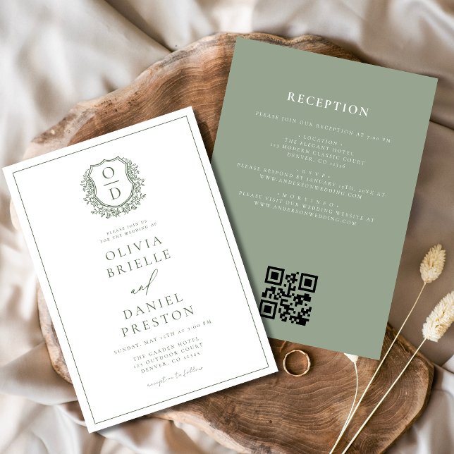 Sage Green Leafy Crest Monogram Wedding QR Code Invitation (Creator Uploaded)
