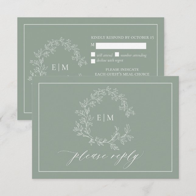Sage Green Leafy Crest Monogram Wedding RSVP Card (Front/Back)
