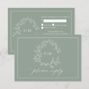 Sage Green Leafy Crest Monogram Wedding RSVP Card