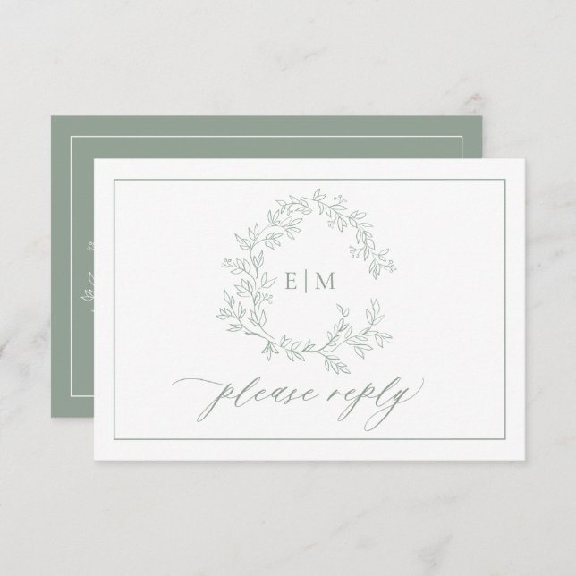 Sage Green Leafy Crest Monogram Wedding RSVP Card (Front/Back)