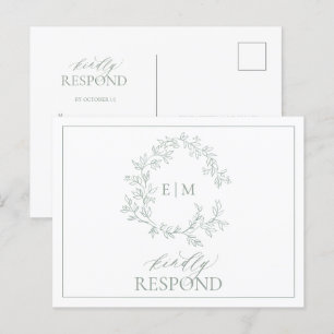 Sage Green Leafy Crest Monogram Wedding RSVP Invit Invitation Postcard