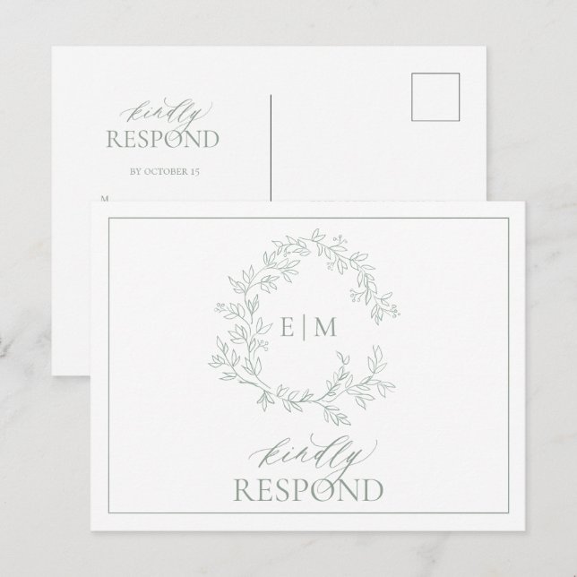 Sage Green Leafy Crest Monogram Wedding RSVP Invit Invitation Postcard (Front/Back)