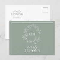 Sage Green Leafy Crest Monogram Wedding RSVP