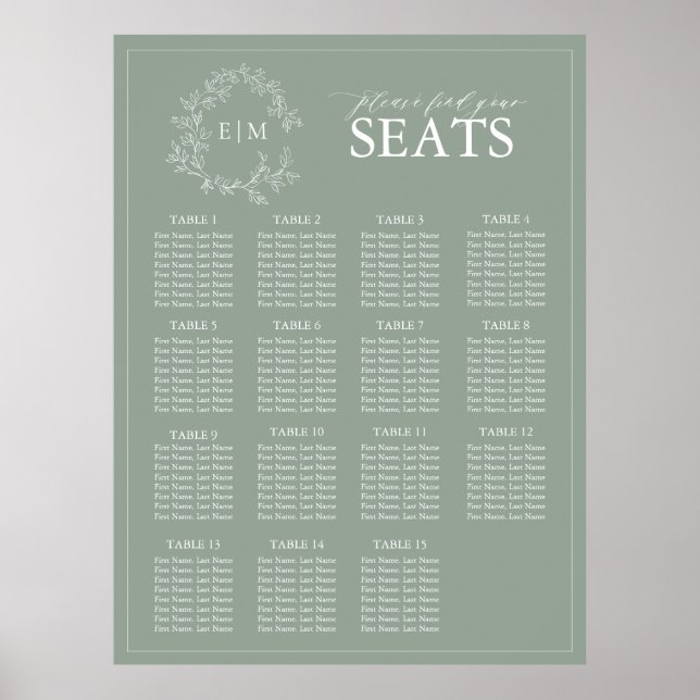 Sage Green Leafy Crest Monogram Wedding Seating Po Poster (Front)