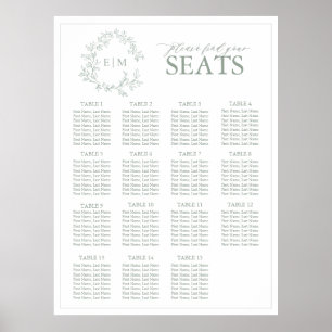 Sage Green Leafy Crest Monogram Wedding Seating Poster