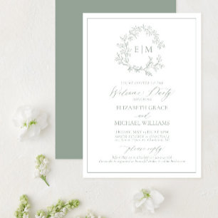 Sage Green Leafy Crest Monogram Welcome Party Invitation