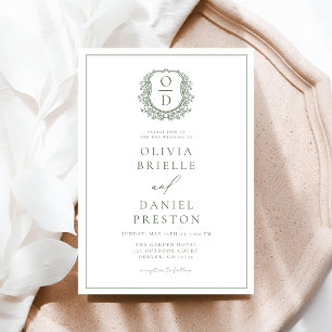 Sage Green Leafy Floral Crest Monogram Wedding Invitation