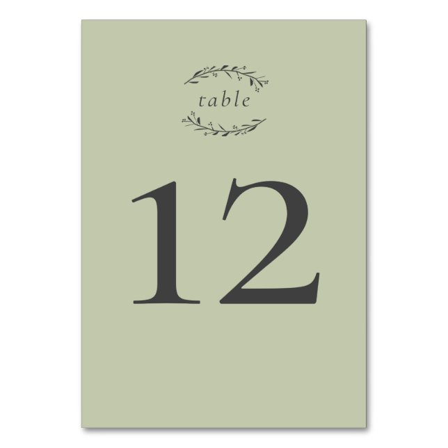 Sage Green Leaves and Berries Wedding Table Number (Front)