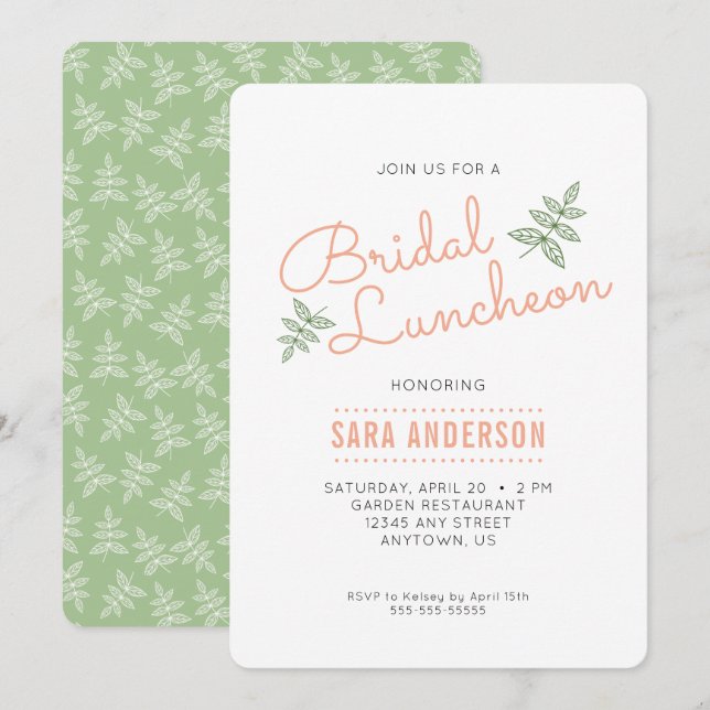 Sage Green Leaves and Coral Bridal Luncheon Invitation (Front/Back)