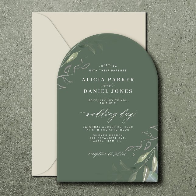 Sage green leaves boho arch wedding invitation (Creator Uploaded)