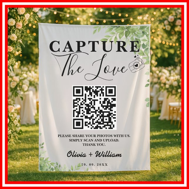 Sage Green Leaves Capture The Love QR Wedding Tapestry (Creator Uploaded)
