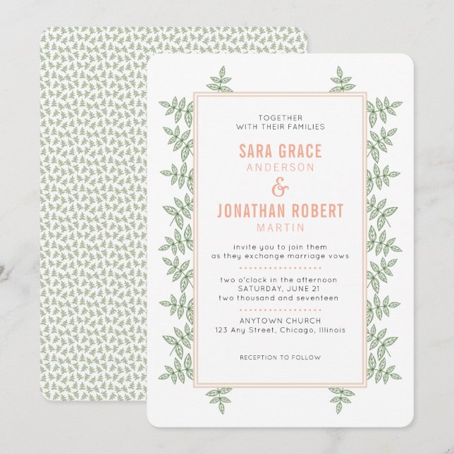 Sage Green Leaves Coral Border Wedding Invitation (Front/Back)