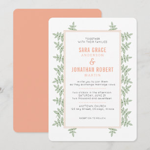 Sage Green Leaves Coral Border Wedding Invitation