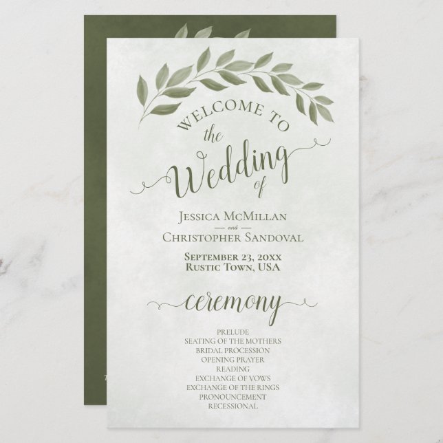 Sage Green Leaves Elegant Budget Wedding Program (Front/Back)