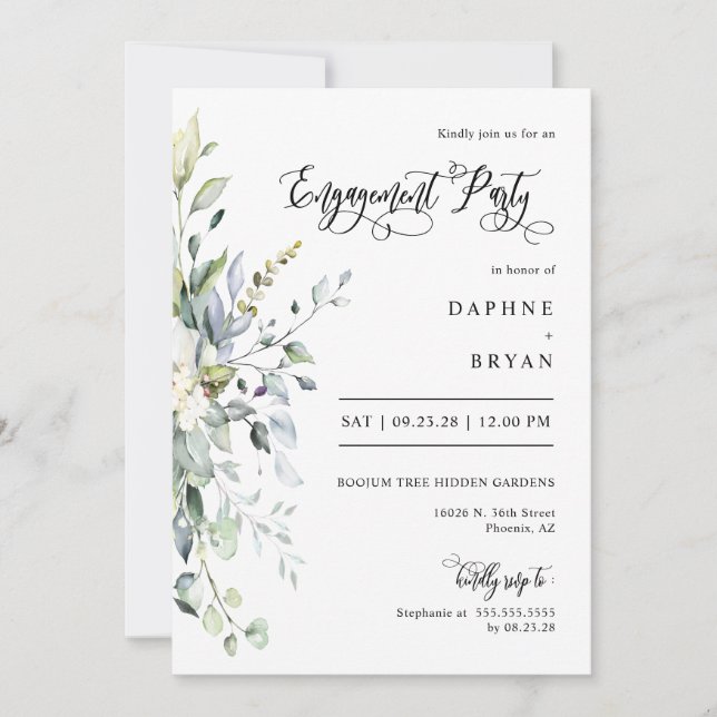 Sage Green Leaves Engagement Party QR Code Photo Invitation (Front)