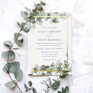 Sage Green Leaves Gold Border Wedding