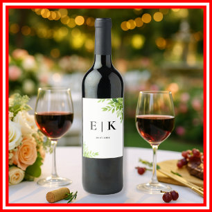 Sage Green Leaves Greenery Monogram Wedding Wine Label