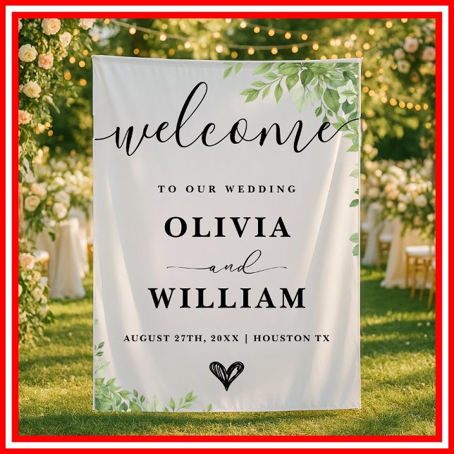 Sage Green Leaves Greenery Wedding Welcome Sign Tapestry (Creator Uploaded)