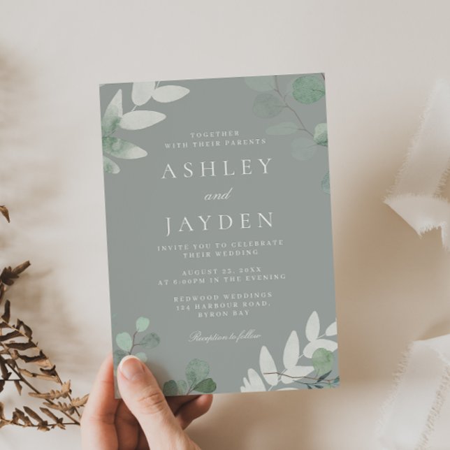 Sage Green Leaves Modern Wedding Invitation (Creator Uploaded)