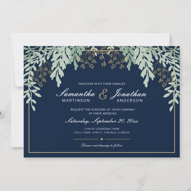 Sage Green Leaves on Dark Blue | Wedding Invitation (Front)