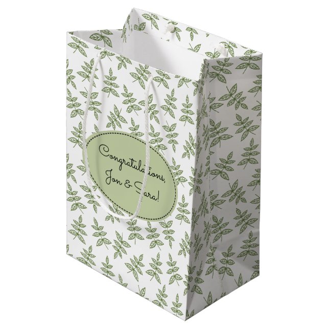 Sage Green Leaves Pattern Wedding Medium Gift Bag (Front Angled)