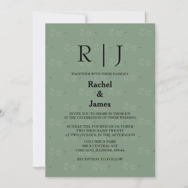 Sage Green Leaves QR Code Cool Monograms Wedding Invitation (Front)