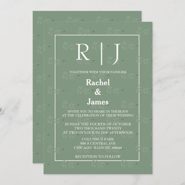 Sage Green Leaves QR Code Monogram Wedding Invitation (Front/Back)
